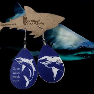 Shark Earrings Blue Acrylic Stainless Steel Handmade 3" Ready for Shark Week?
